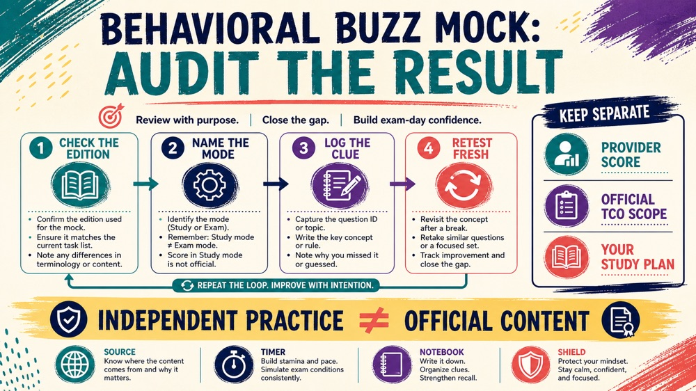 Behavioral Buzz RBT mock exam explanation and correction log infographic