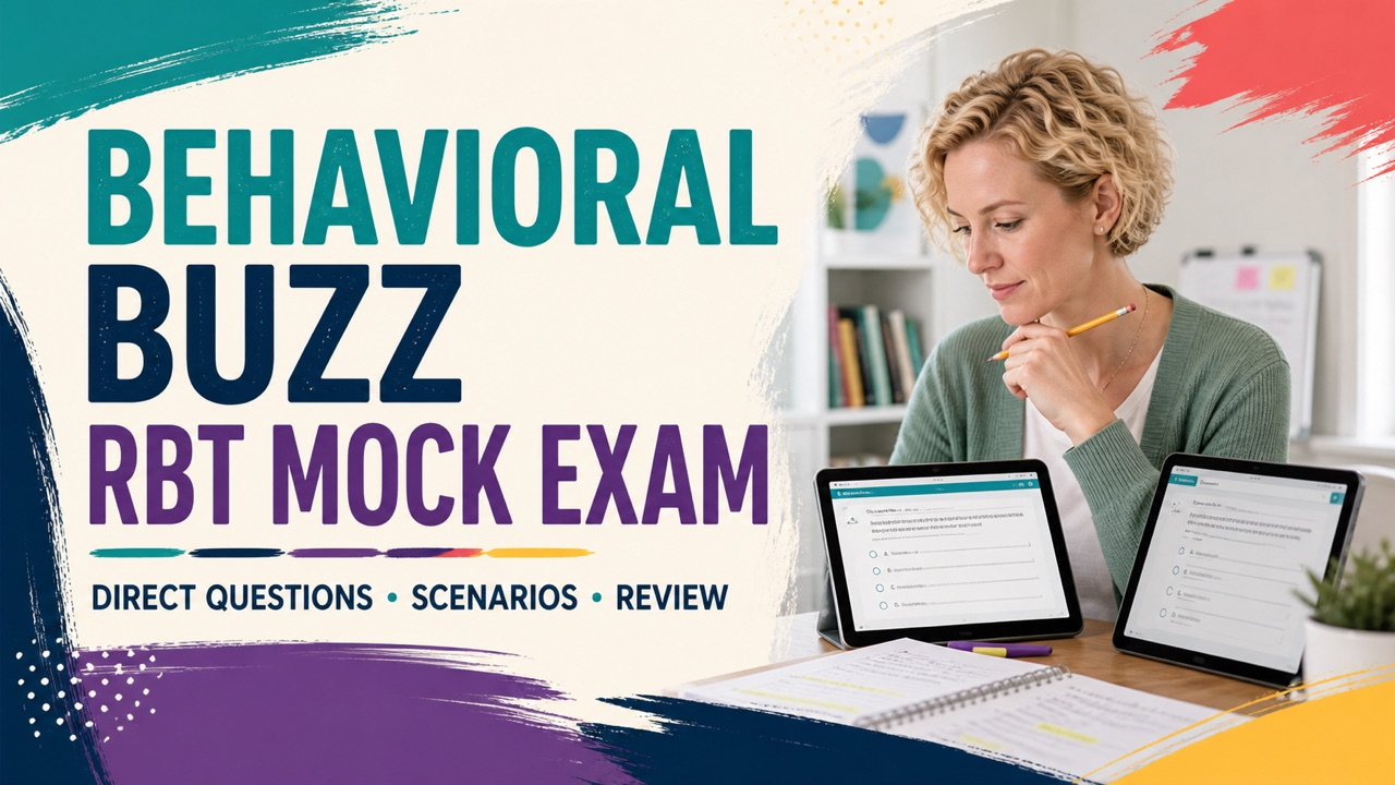 Behavioral Buzz RBT mock exam comparison guide with a white adult learner reviewing practice answers