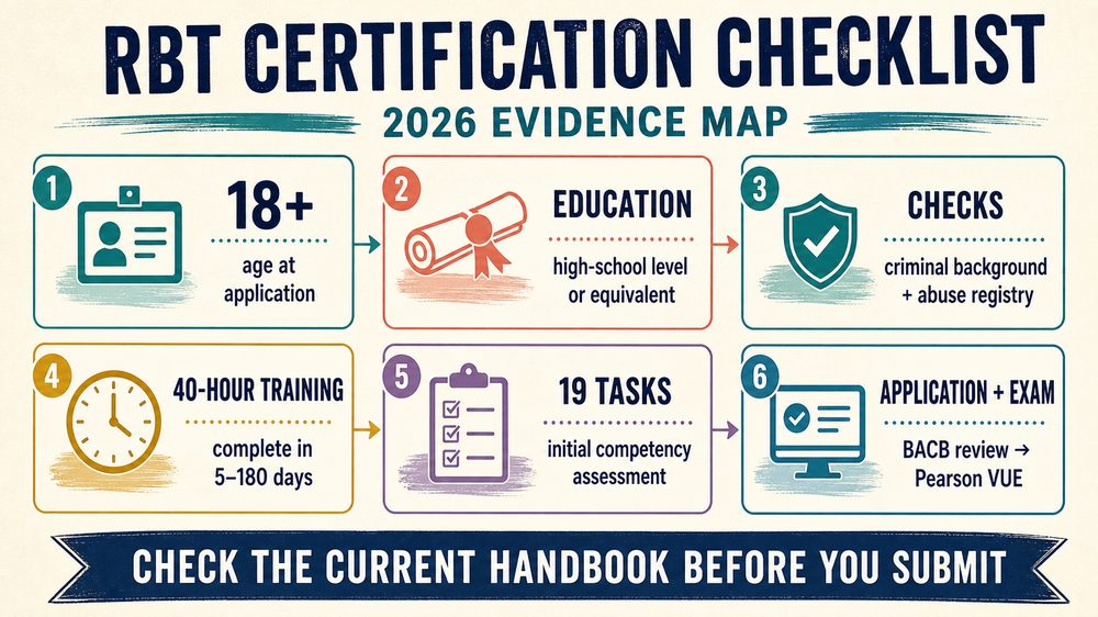 registered behavior technician rbt certification checklist infographic showing education checks training assessment applicati