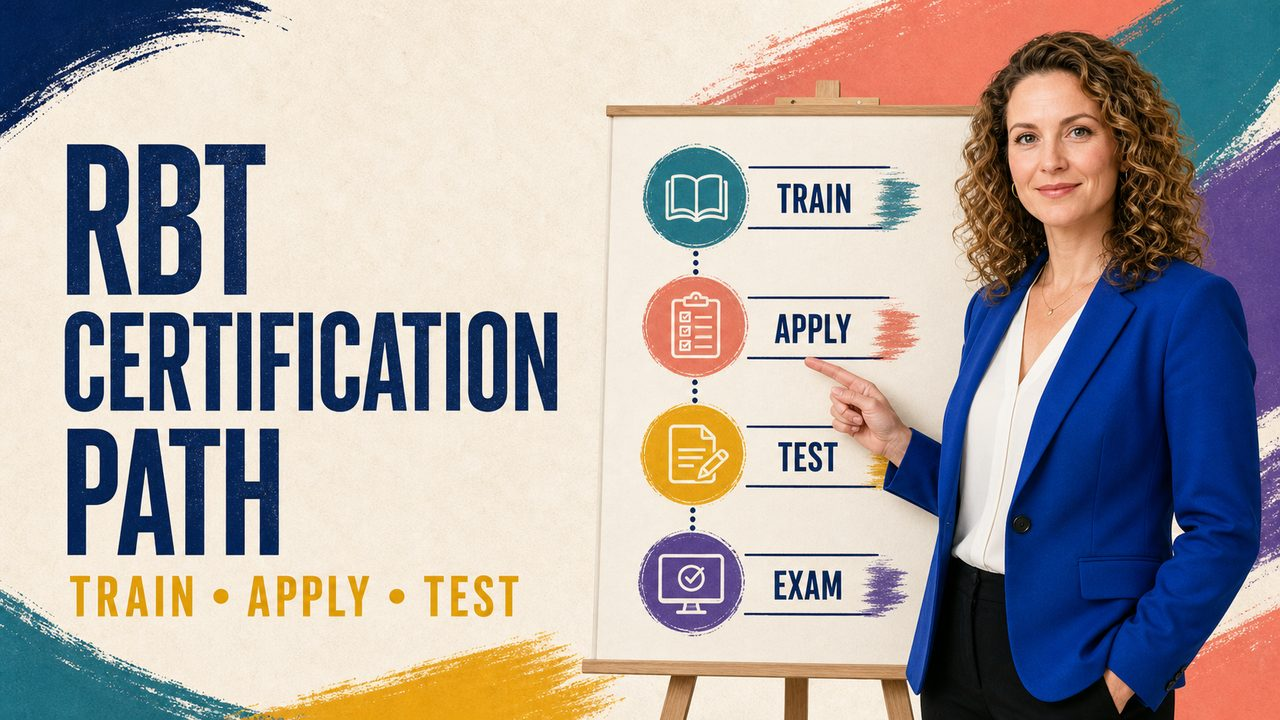 registered behavior technician rbt certification cover showing a white adult candidate following a certification roadmap