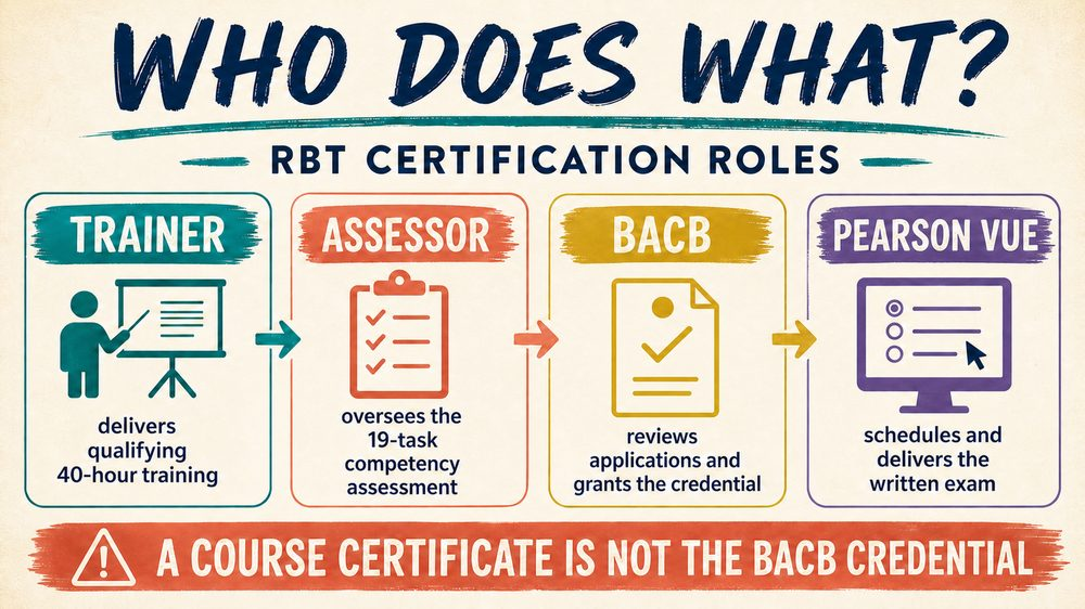 registered behavior technician rbt certification infographic showing the roles of trainer assessor BACB and Pearson VUE