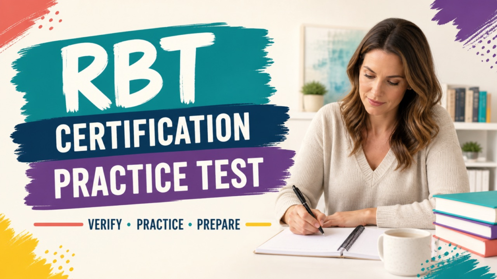 rbt certification practice test cover showing a white adult reviewing exam preparation materials