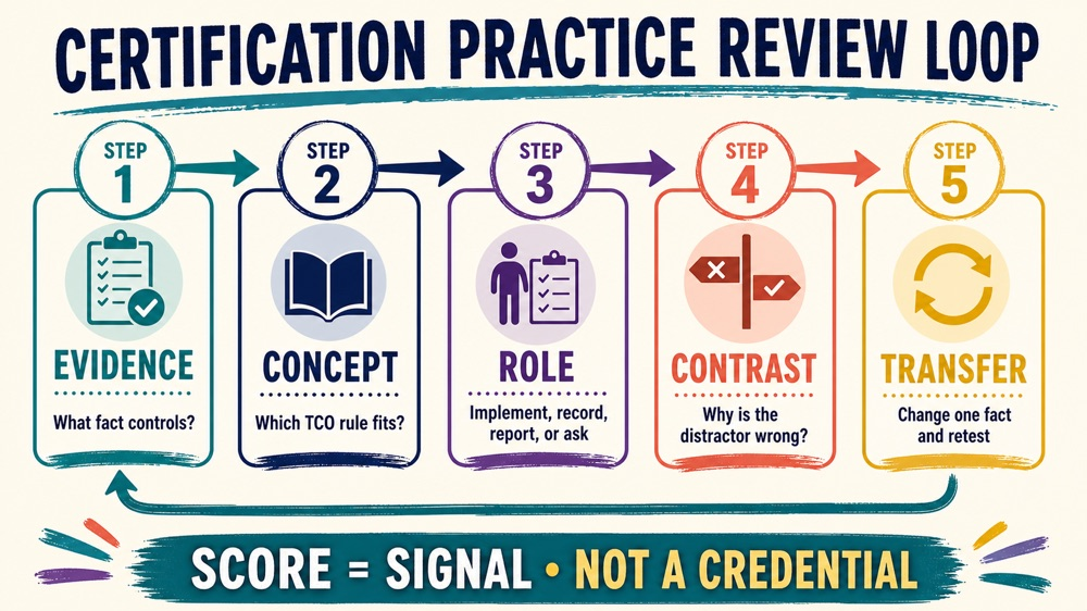 rbt certification practice test review loop showing evidence, rule, role, contrast, and transfer