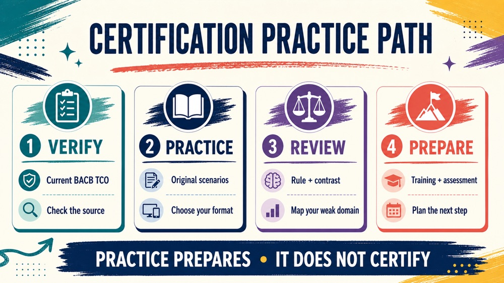 rbt certification practice test preparation path showing verify, practice, review, and prepare stages