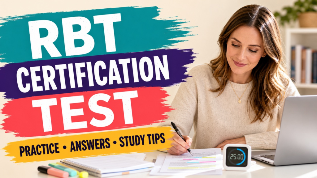 rbt certification test cover showing a white adult learner reviewing a timed practice exam and answer checklist