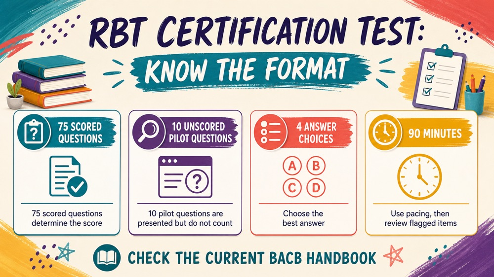 rbt certification test infographic showing 85 questions, 75 scored, 10 unscored, four choices, and 90 minutes
