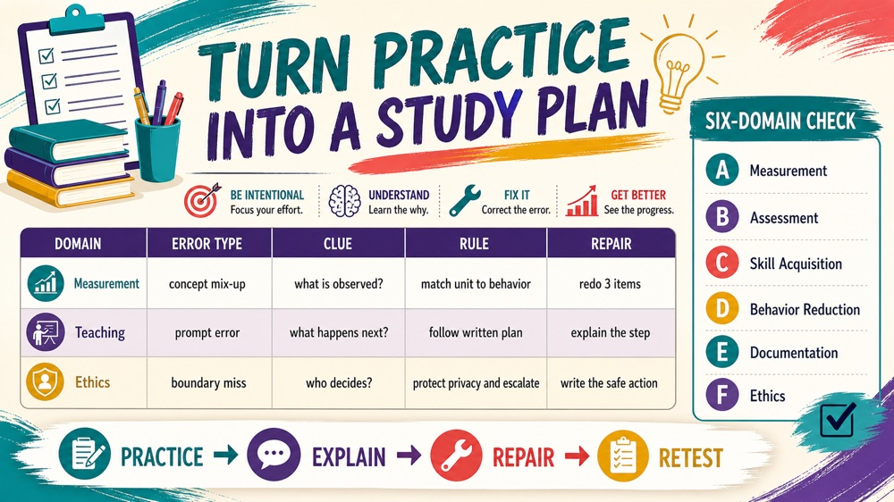 rbt certification test infographic showing an error log and six-domain study repair map