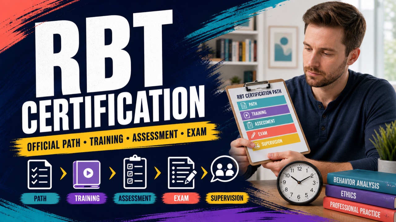 RBT certification pathway with a white adult learner reviewing official study steps