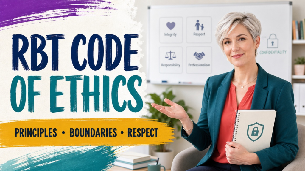 RBT code of ethics cover with a white adult learner reviewing a colorful professional boundaries checklist