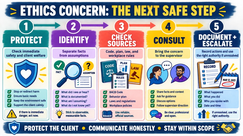 RBT code of ethics scenario response sequence for document, consult, document, and escalate