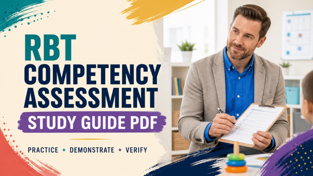 RBT competency assessment study guide PDF cover with a white adult learner practicing a checklist