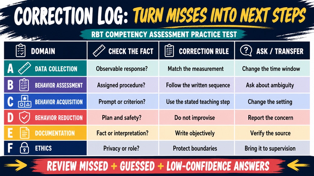 RBT competency assessment practice test correction log across the six TCO domains