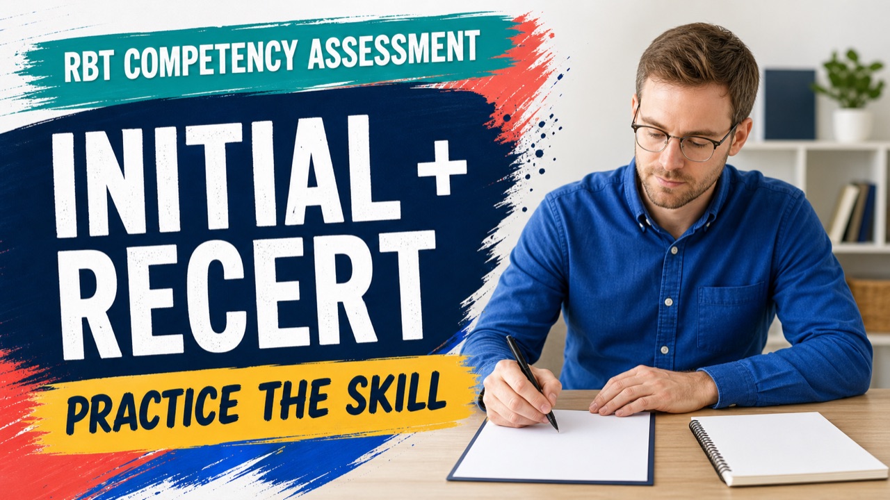 RBT competency assessment practice with a white adult learner reviewing skills
