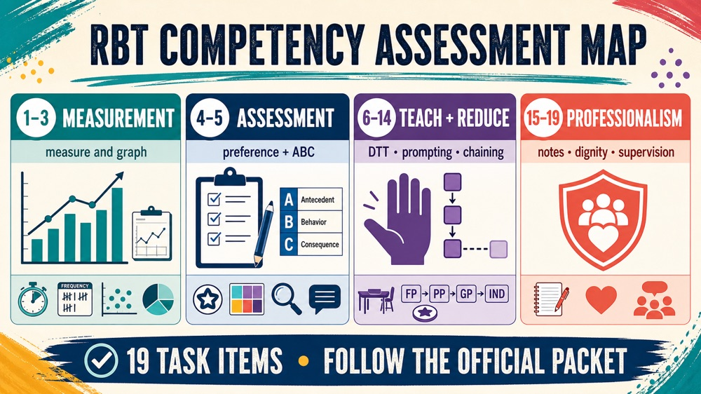 RBT competency assessment practice free map showing task items, formats, and rehearsal steps