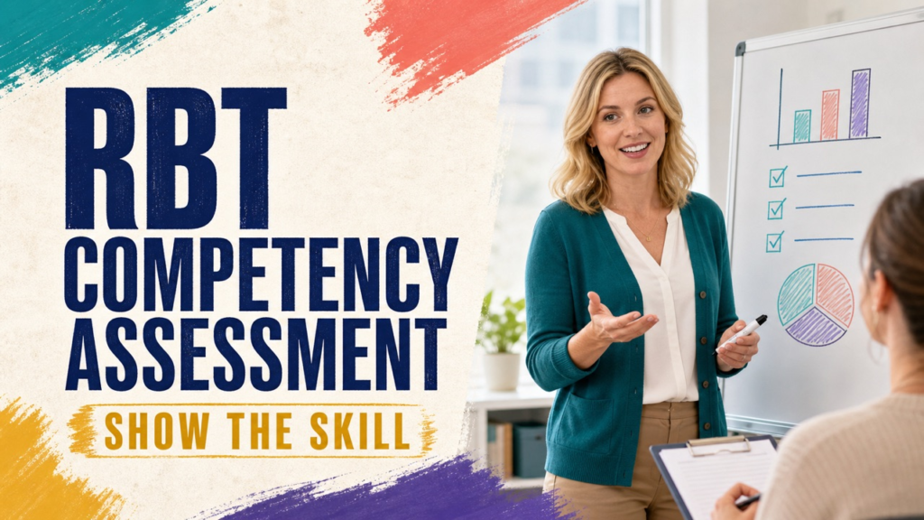 rbt competency exam cover showing a white adult candidate demonstrating a behavior technician skill with a checklist