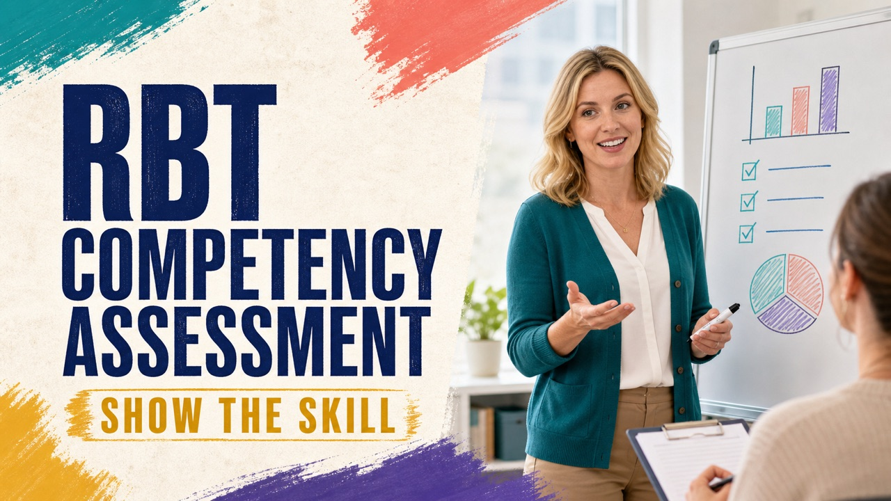 rbt competency exam cover showing a white adult candidate demonstrating a behavior technician skill with a checklist