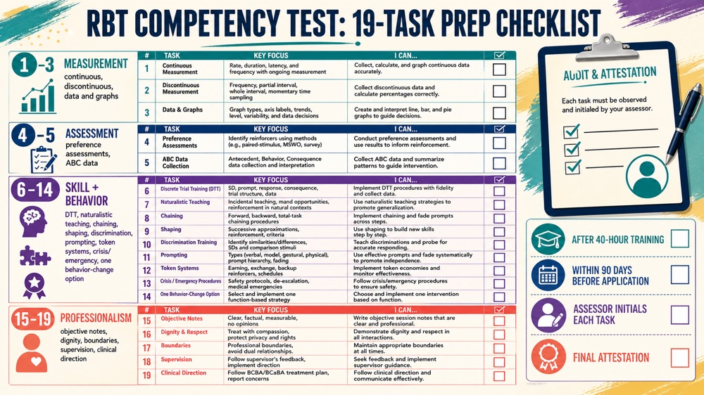 rbt competency test 19-task preparation and document checklist infographic