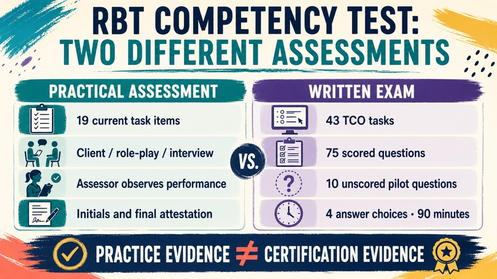 rbt competency test practical assessment versus written exam comparison infographic