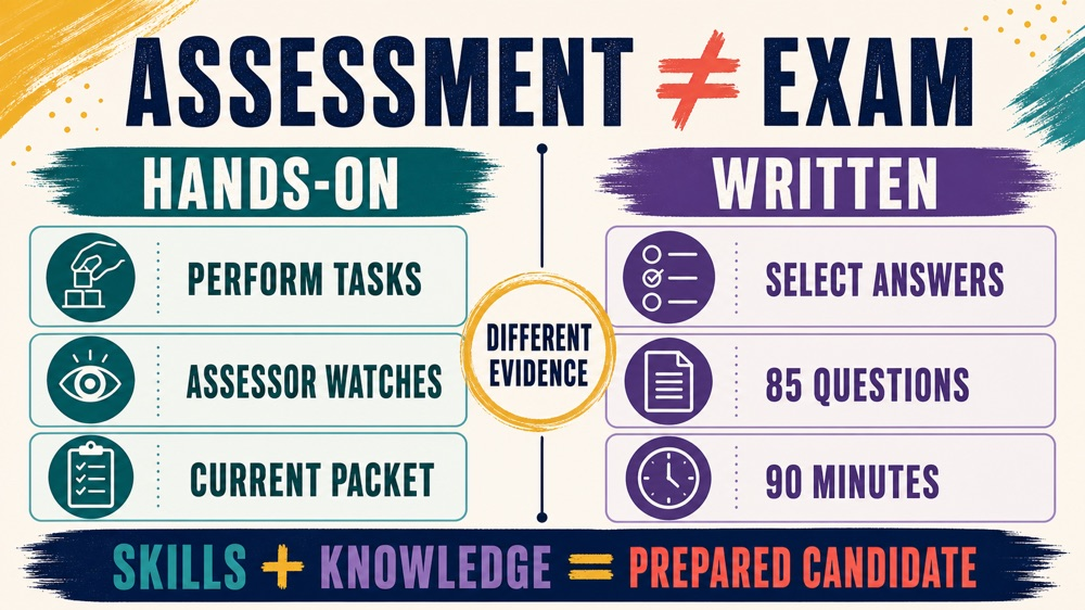 rbt competency infographic comparing hands-on assessment evidence with written exam knowledge
