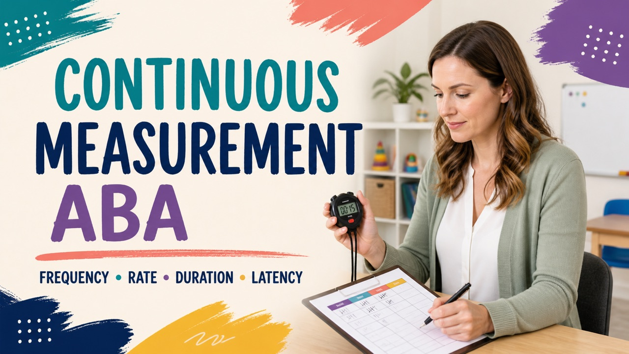 continuous measurement ABA study guide with a white adult learner recording behavior data