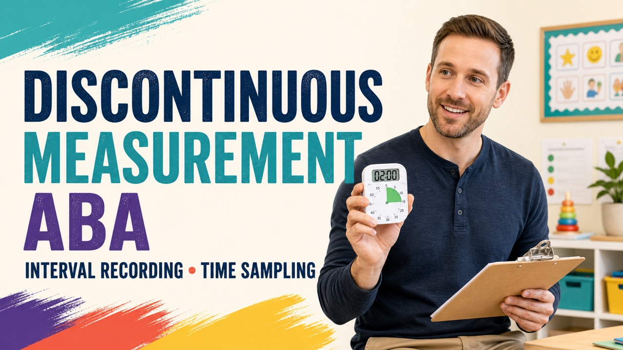 discontinuous measurement ABA study guide with a white adult learner reviewing interval data