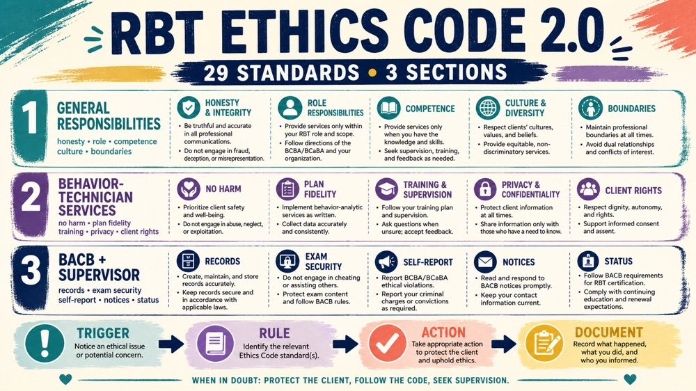 rbt ethics code 2.0 three-section standards study map infographic