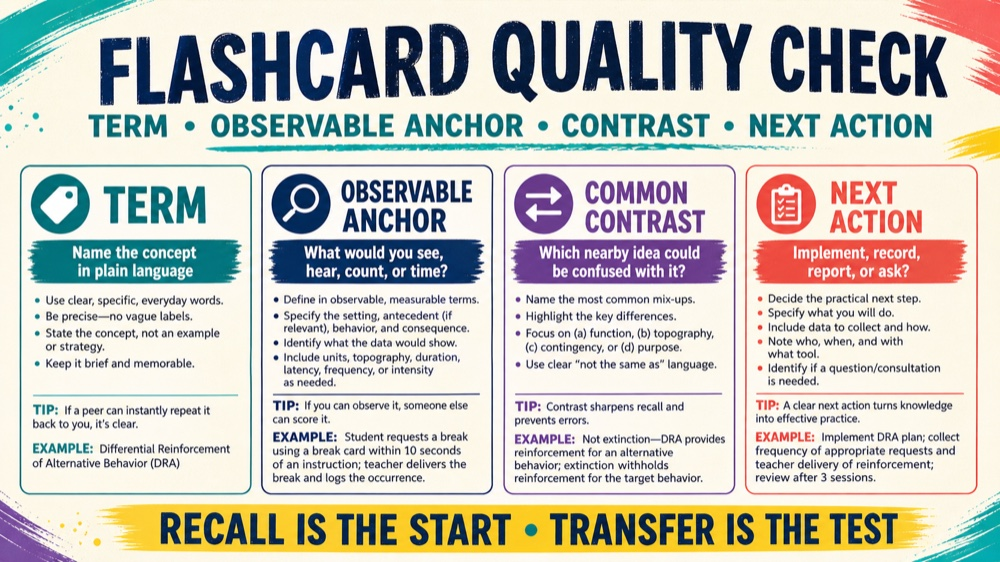 RBT exam flashcards quality checklist for term contrast and next action