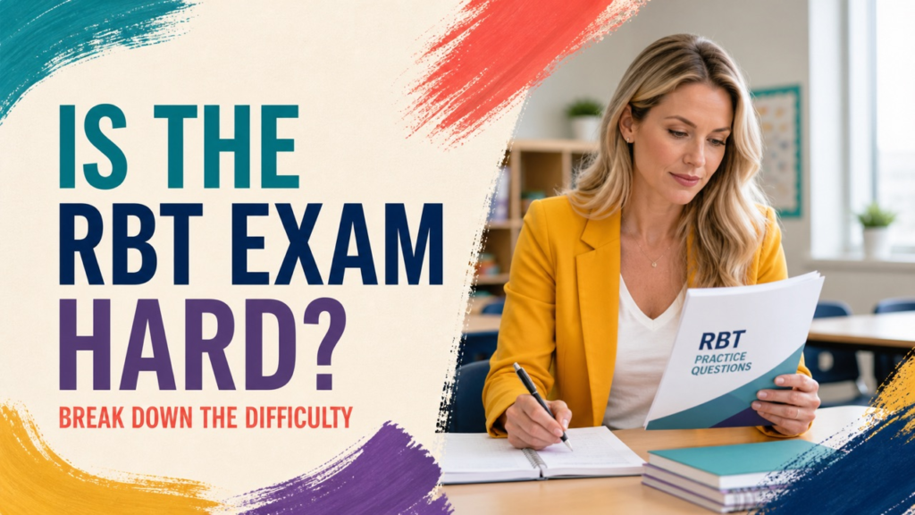 Is the registered behavior technician exam hard cover with a white adult learner reviewing an RBT study plan