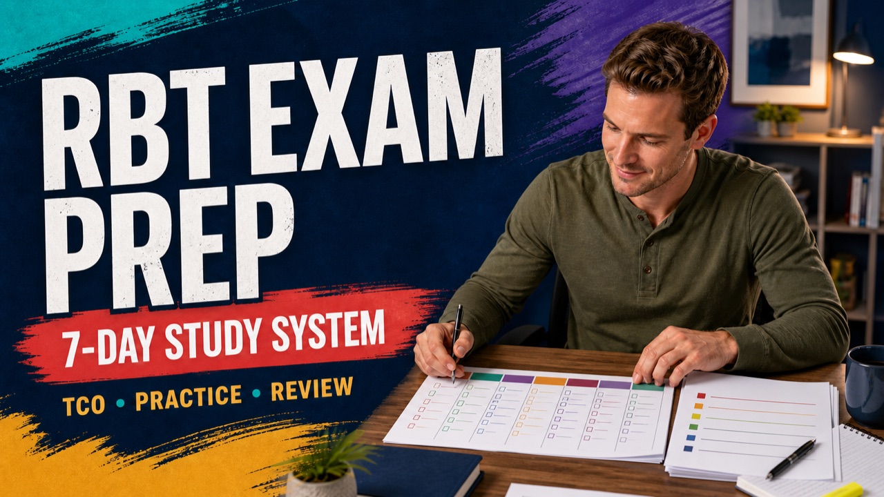 RBT exam prep seven-day study plan with a white adult learner reviewing notes