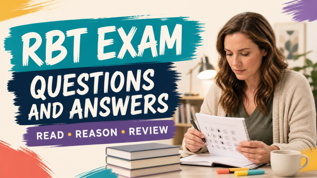 rbt exam questions and answers cover showing a white adult reviewing a study notebook