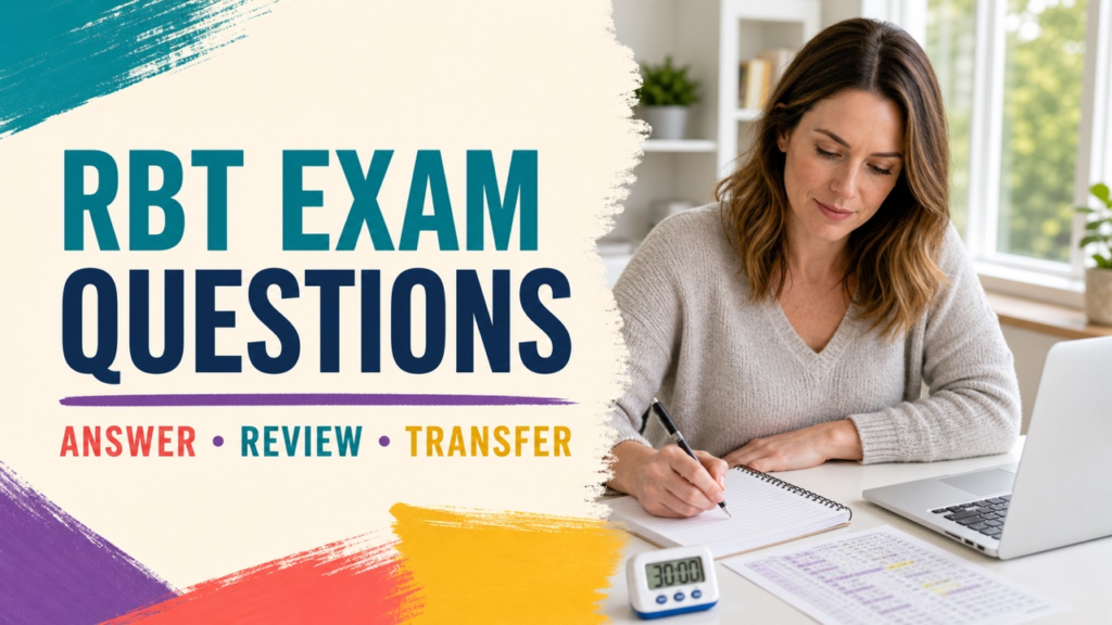 rbt exam questions study session with a white adult learner reviewing a practice answer