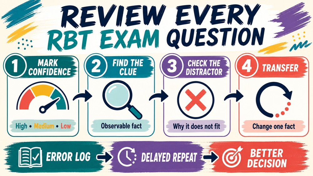 rbt exam questions confidence review and correction loop infographic