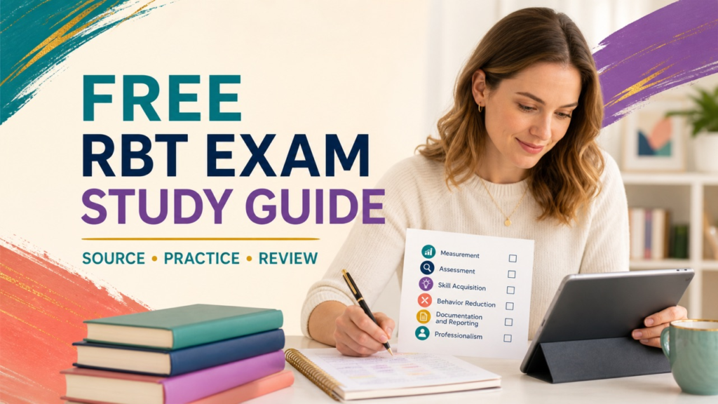 rbt exam study guide free cover showing a white adult learner reviewing a six-domain study plan