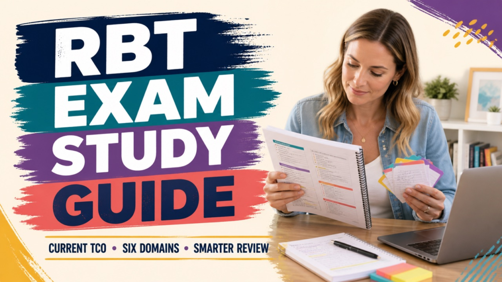 Registered behavior technician exam study guide cover with a white adult reviewing a current six-domain study map