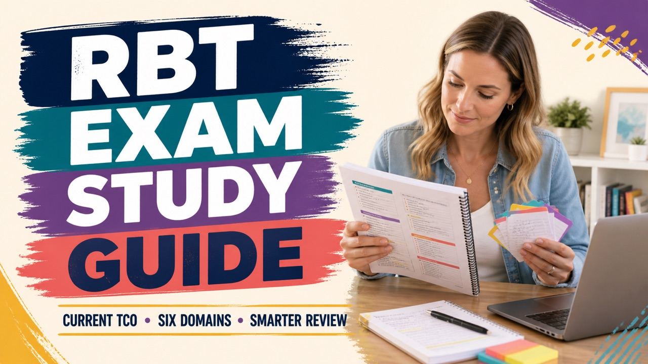 Registered behavior technician exam study guide cover with a white adult reviewing a current six-domain study map