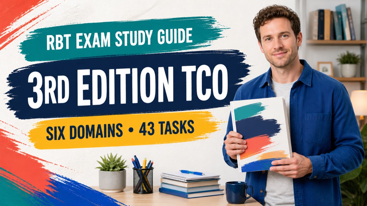 RBT exam study guide with a white adult learner reviewing a six-domain TCO map