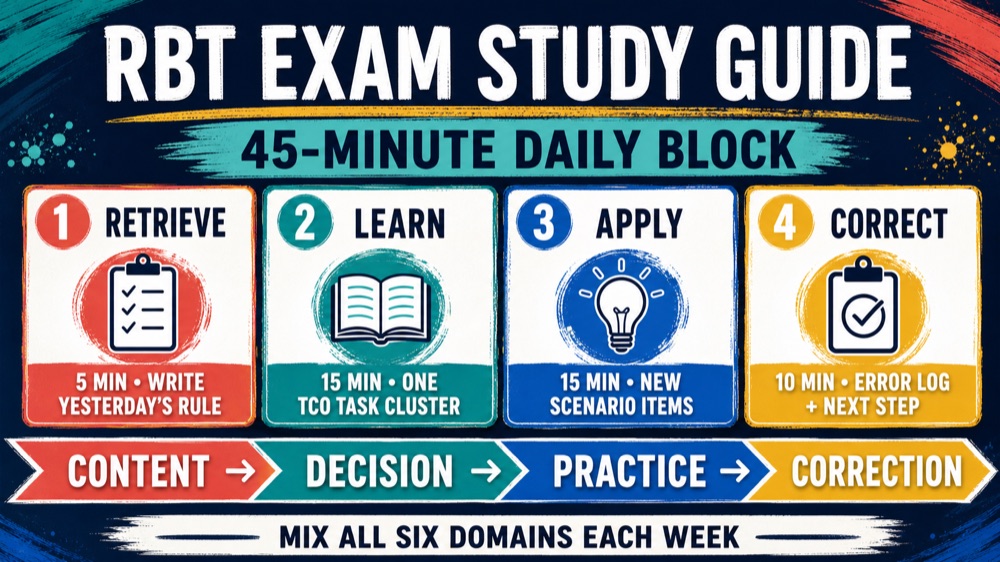 RBT exam study guide daily study block map for TCO tasks and review
