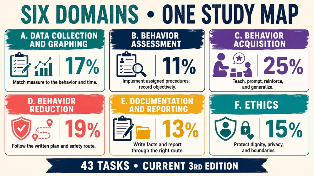 Registered behavior technician exam study guide map of six current RBT domains and study decisions
