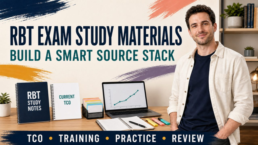 rbt exam study materials cover showing a white adult learner reviewing a six-domain study stack