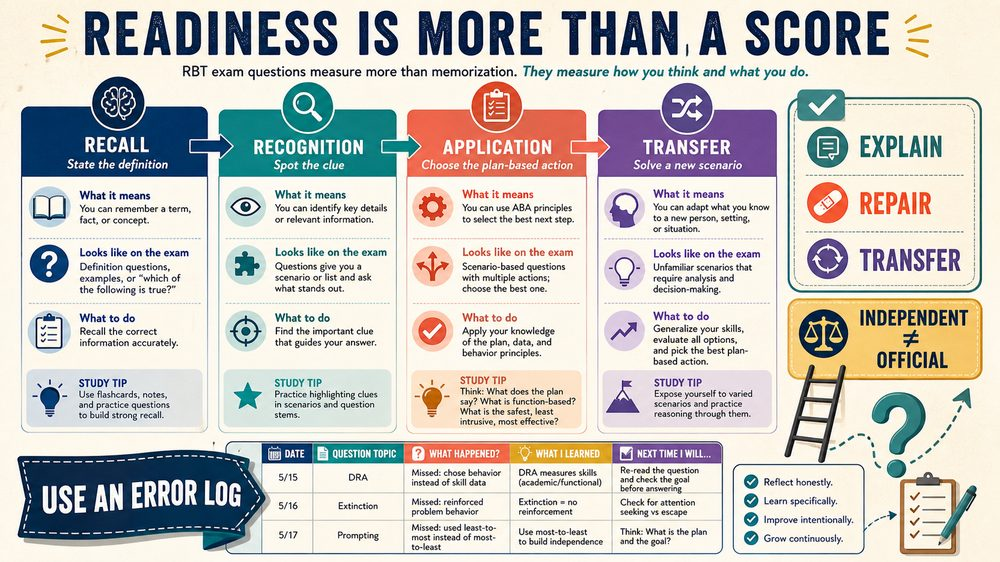 rbt exam study materials infographic showing readiness transfer practice and six-domain review