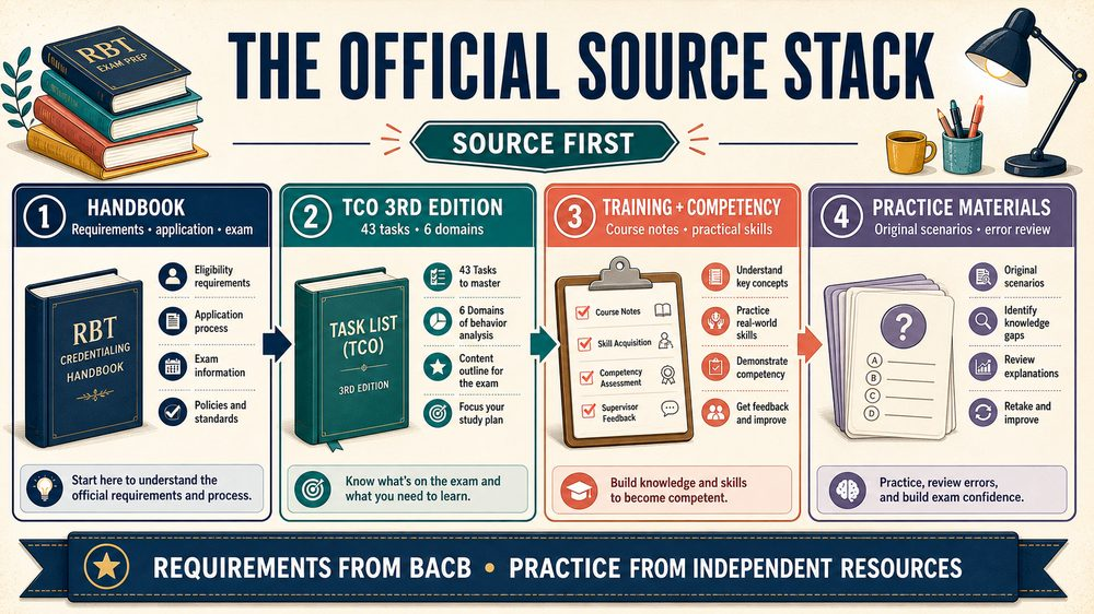 rbt exam study materials infographic showing the official source stack and guide selection checks
