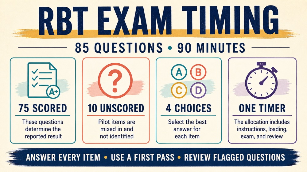 how long is the rbt exam infographic showing 90 minutes 85 questions 75 scored and 10 unscored items