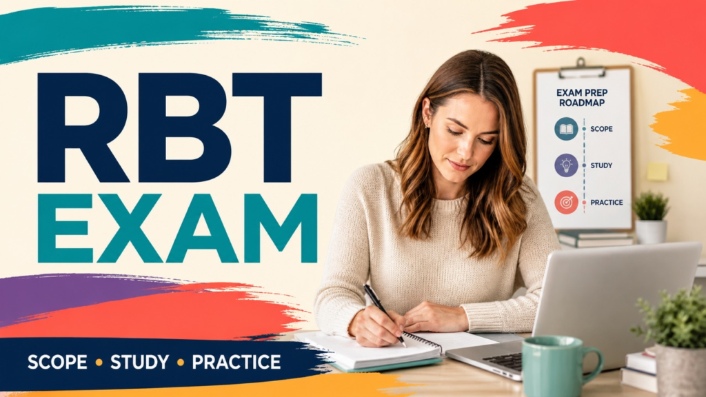 RBT exam cover with a white adult reviewing a six-domain study roadmap