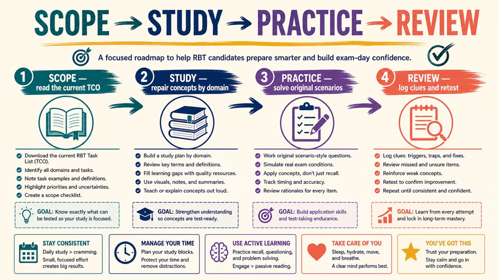 RBT exam study workflow showing scope, study, practice, review, and retest stages