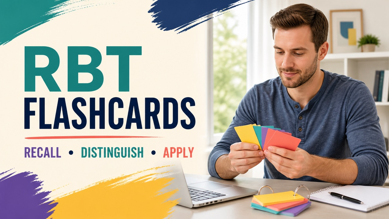 rbt flashcards study session with a white adult learner reviewing concept cards