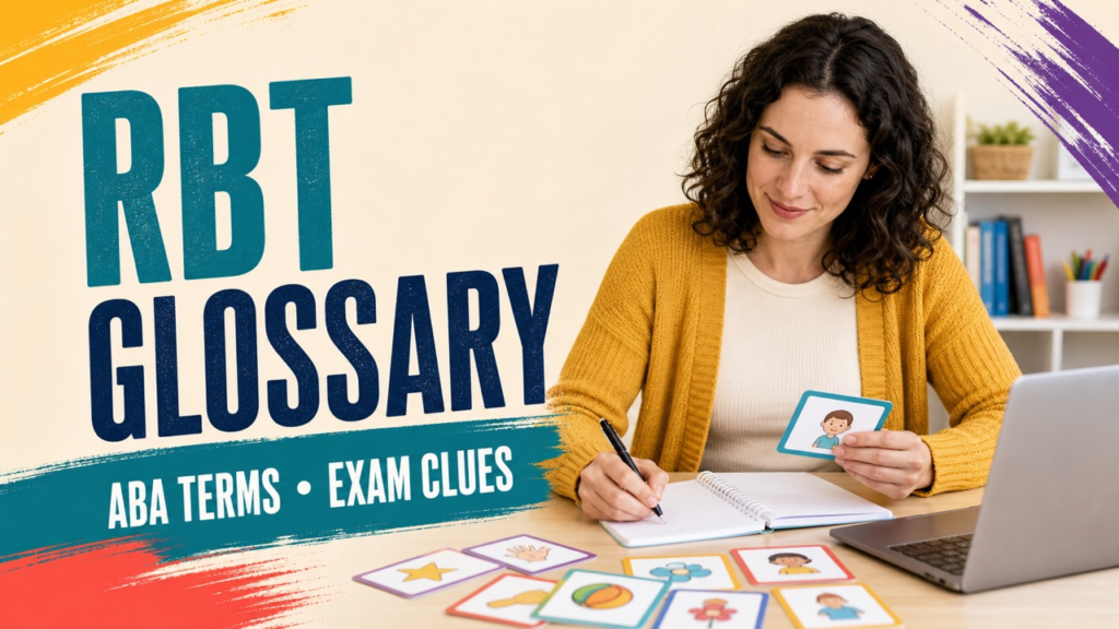rbt glossary cover showing a white adult learner reviewing ABA term flashcards and a study guide