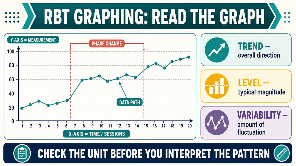rbt graphing infographic showing graph anatomy, axes, data path, phase line, trend, level, and variability