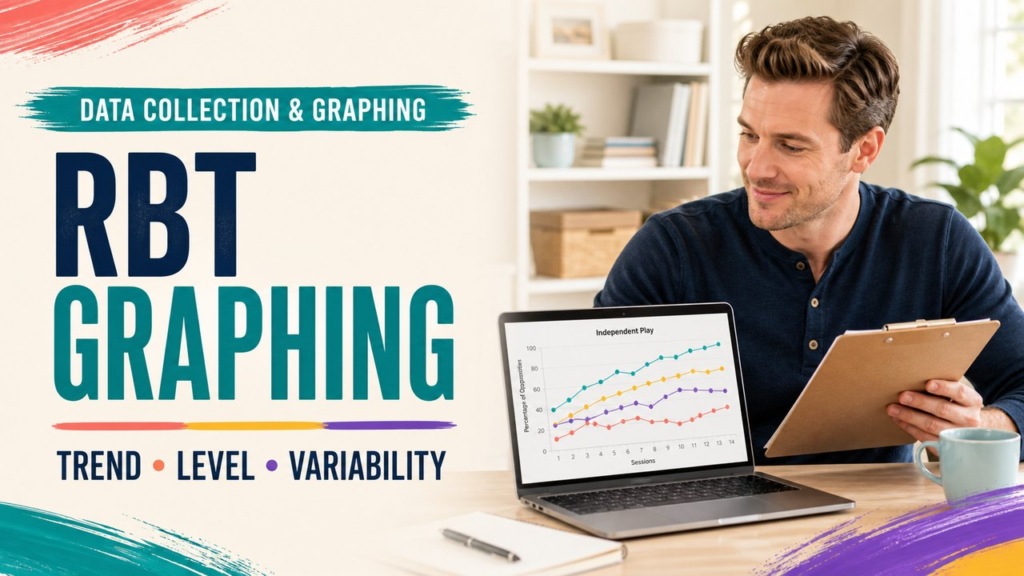 rbt graphing cover showing a white adult reviewing an ABA line graph and data checklist