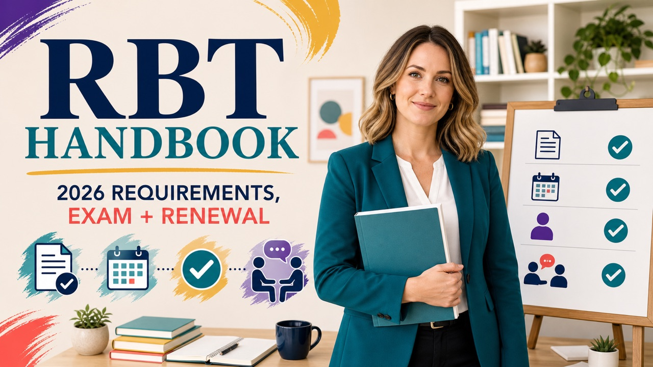 rbt handbook cover showing a white adult candidate reviewing the 2026 certification requirements