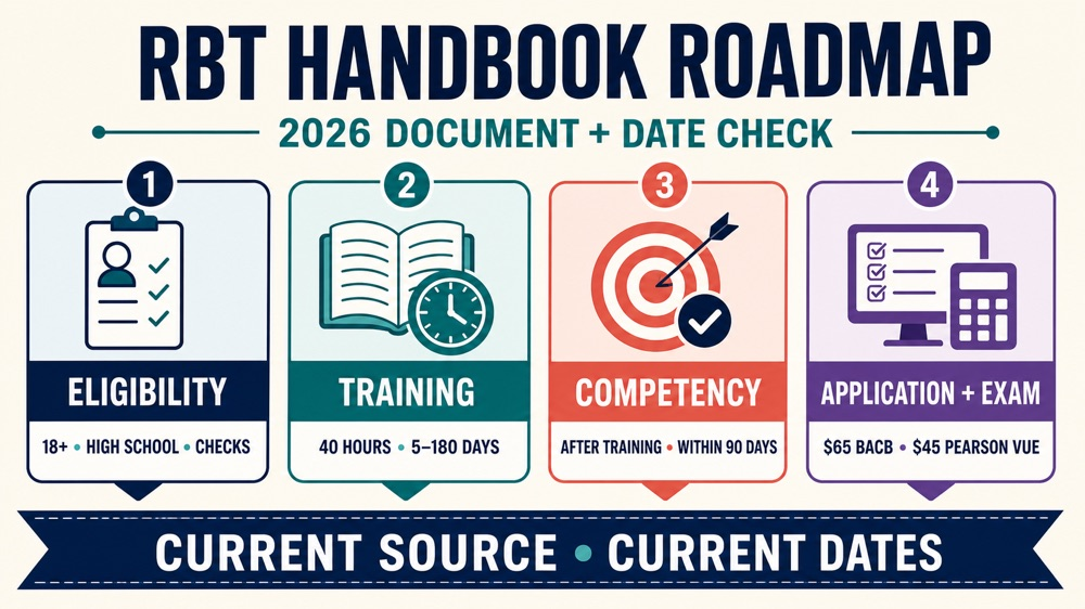 rbt handbook infographic showing eligibility training competency application and exam checkpoints